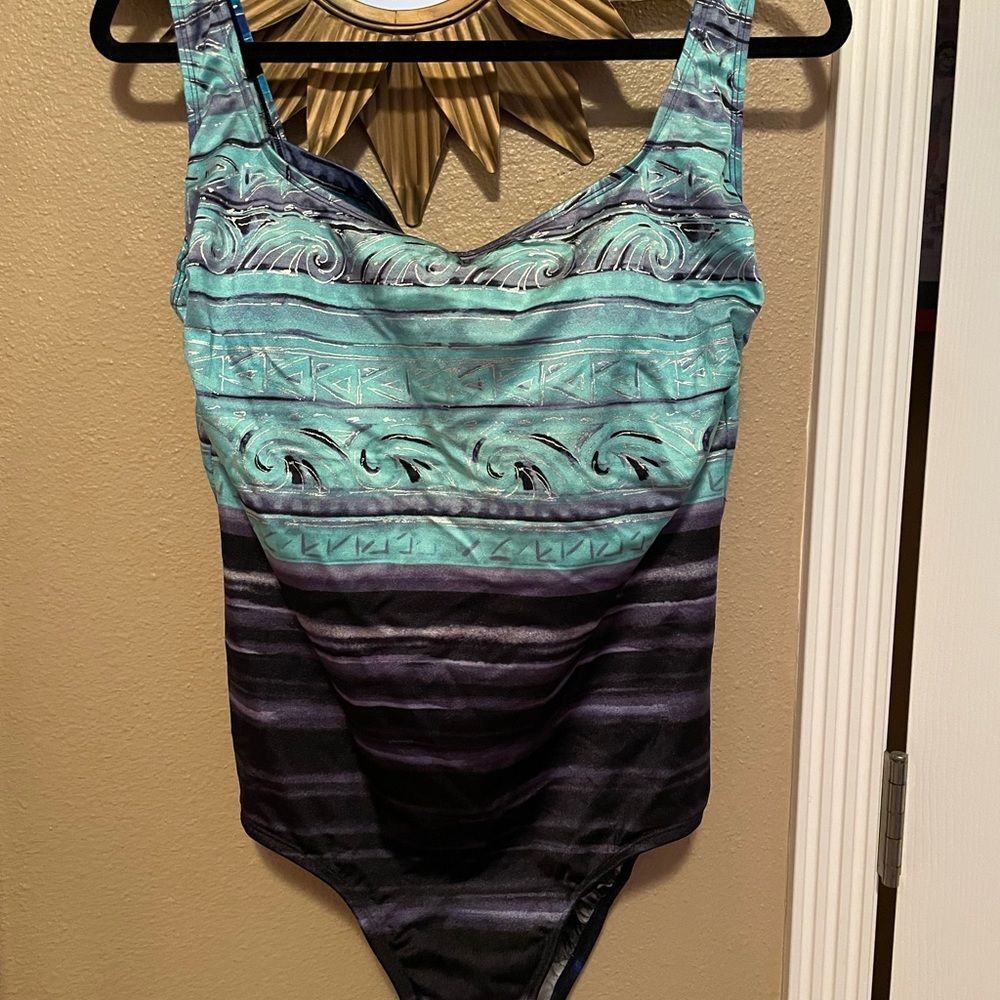 Longitude GORGEOUS Purple Turquoise Black Aztec Waves Silver Swirls One Piece